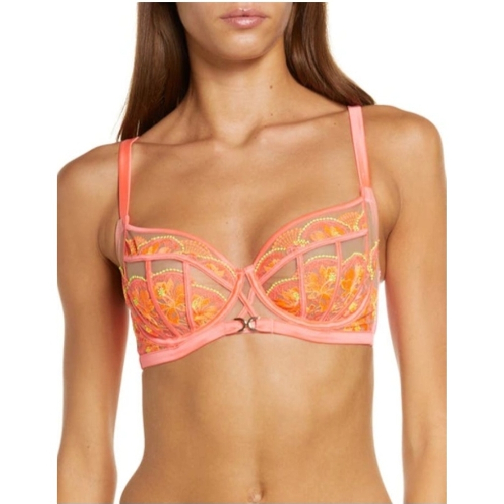 Ann Summers Coral & Yellow Lace Embroidered Underwire Bra NWOT 38DD